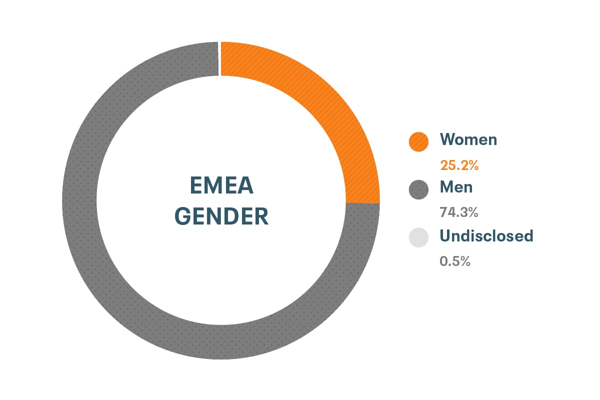 Cloudera EMEA多样性和包容性数据性别:女性25.2%，男性74.3%，未披露0.5%%