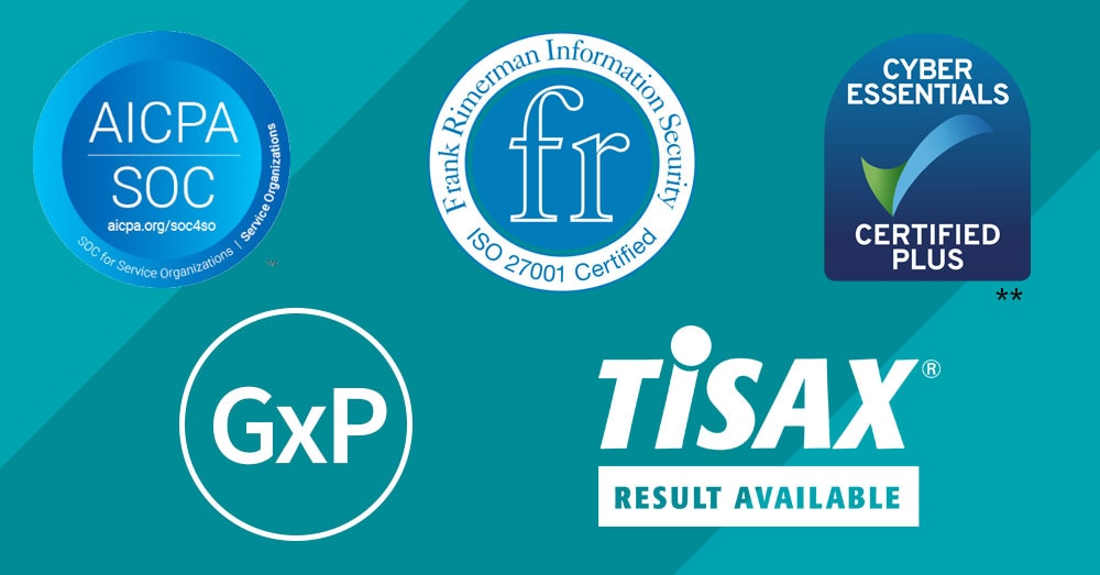 标志:SOC GxP TISAX FRIS ISO27001 Cyber Essentials